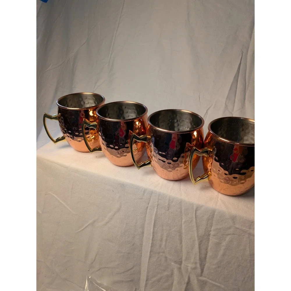 Eco-One Hammered Copper Moscow Mule Mugs Set of 4 Stainless Steel Gold Handle